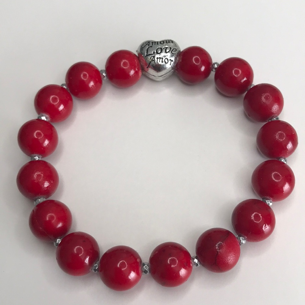 NWOT Custom Handmade Love, Amour, Amor Red & Silver Bracelet